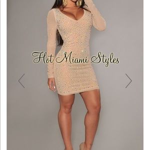 Nude Mesh Iridescent Allover Stones Dress